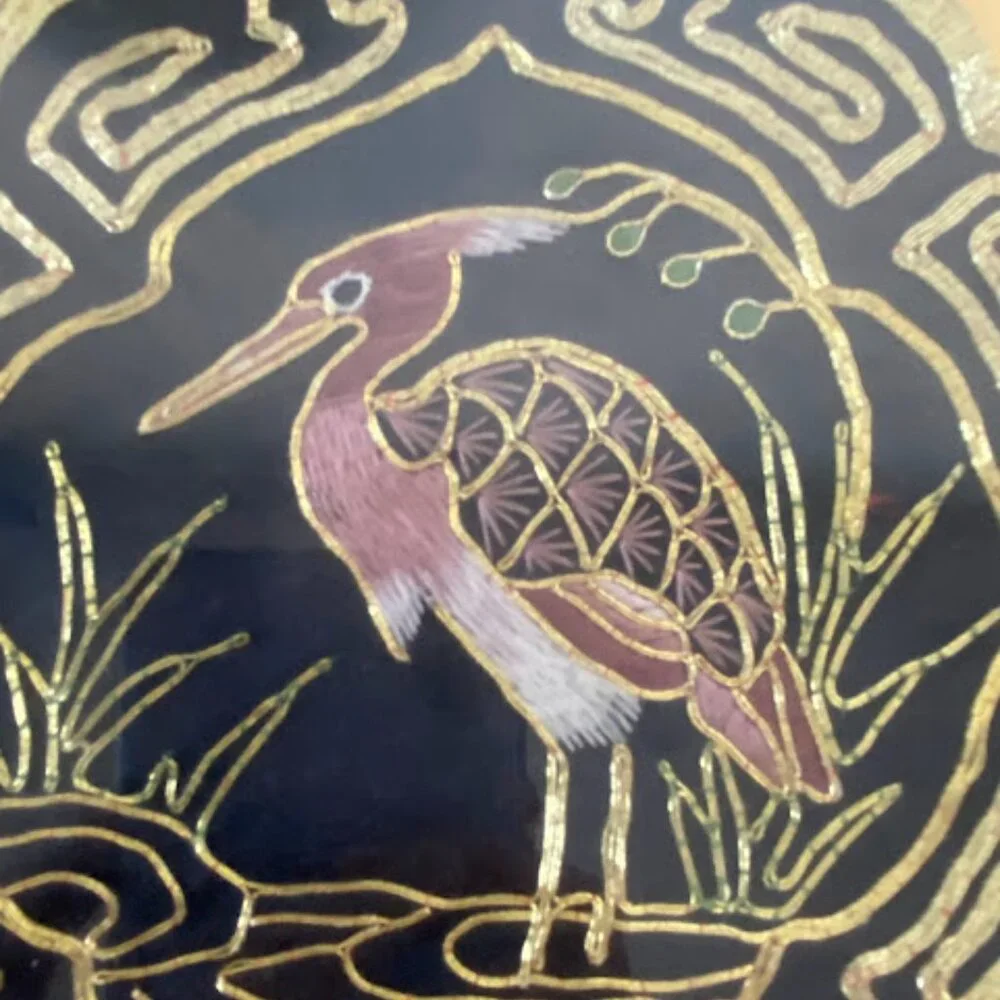 Vintage Gold Tone Heron Medallion Chinoiserie Framed Bird Art